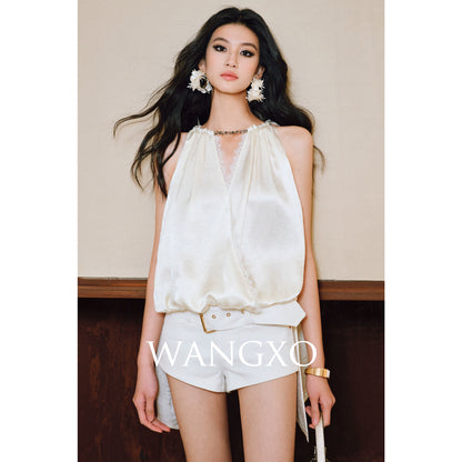 WANGXO| Acetate  Lace-Trimmed Metal Chain Halterneck V-Neck Pleated Top -AYRA.