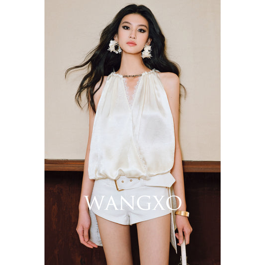 WANGXO| Acetate  Lace-Trimmed Metal Chain Halterneck V-Neck Pleated Top -AYRA.