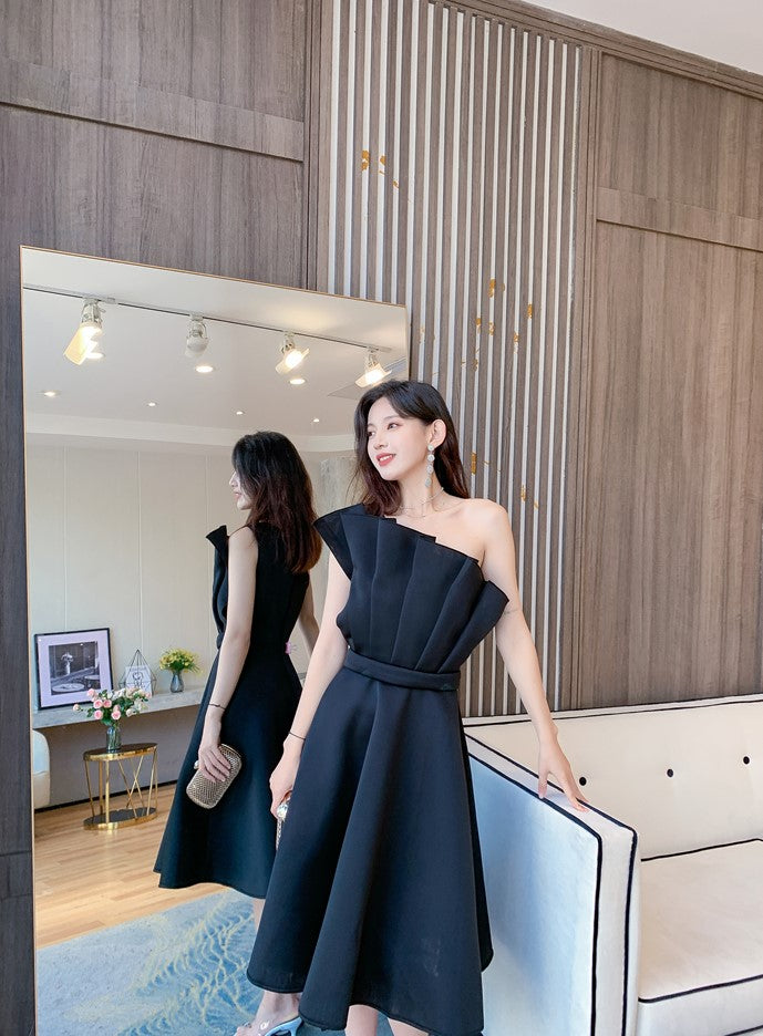 DOLLY Elegant Off Shoulder Pleated Ruffle Tube Top High Wait Midi Dress-LLA