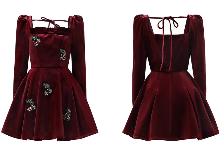 CHECOCRE Elegant French Vintage Cherry Banque Velvet Red Short Dress - TRANS