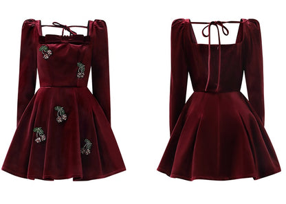 CHECOCRE Elegant French Vintage Cherry Banque Velvet Red Short Dress - TRANS