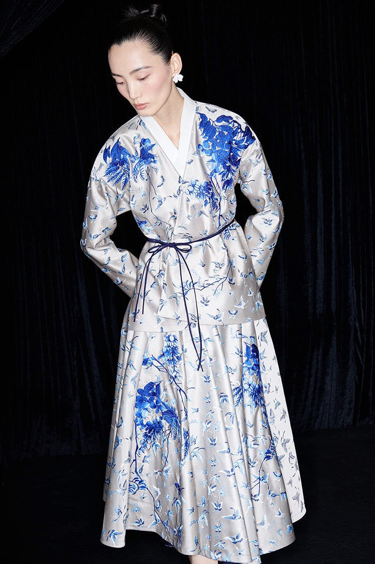 M essential Mackay designer butterfly dance jacquard blue vine and butterfly coat - WEST.