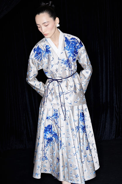 M essential Mackay designer butterfly dance jacquard blue vine and butterfly coat - WEST.
