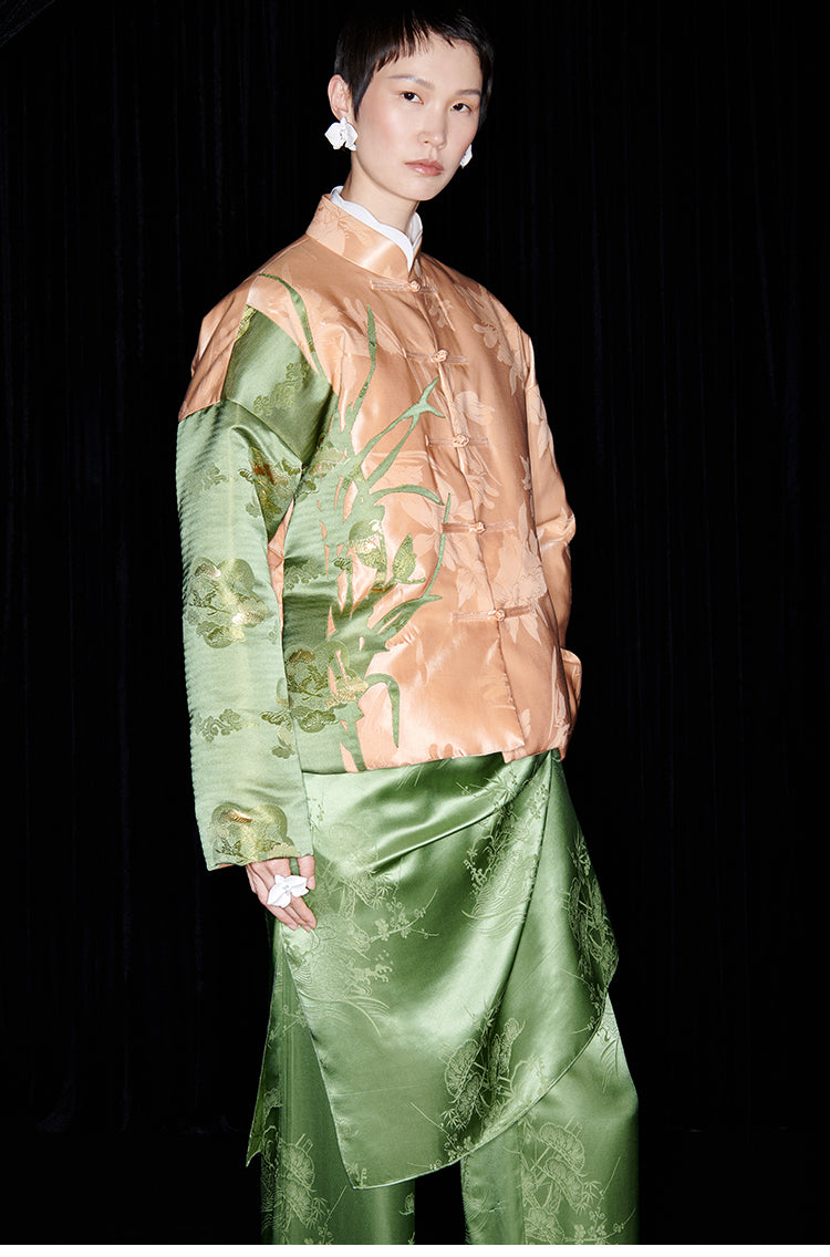 M essential Mackay designer iris jacquard orchid collage coat Pant set - kyle.