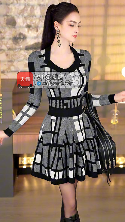 VJE  Plaid Jacquard Knitted Square Neck Top Hip Skirt Two-Piece Set - OLLY.