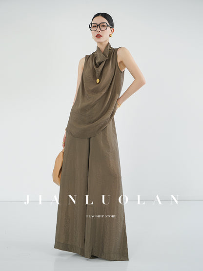 Huanzi elegant collarless sleeveless top wide-leg pants suit two-piece set - Gili