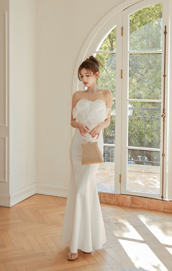 DOLLY Elegant White French Style Big Bow Long Fish Tail Cocktail Dress-FREYA