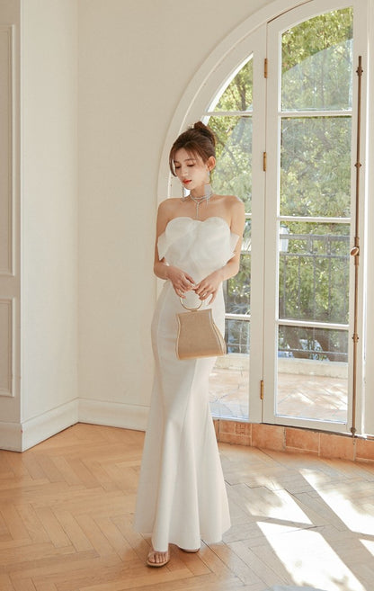 DOLLY Elegant White French Style Big Bow Long Fish Tail Cocktail Dress-FREYA