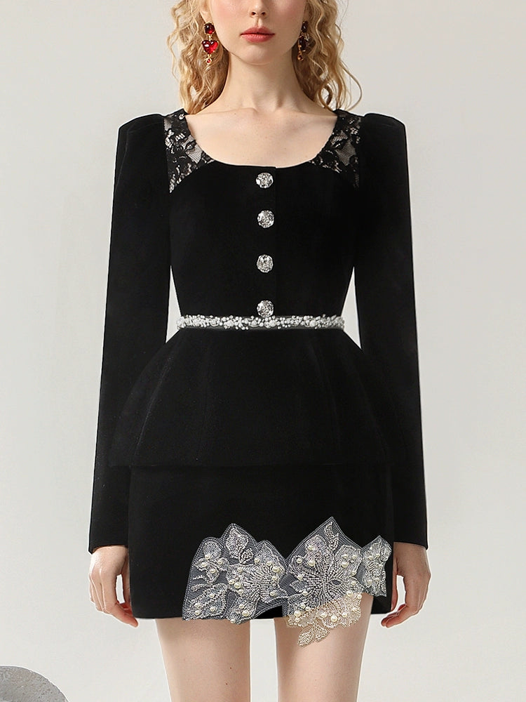 CHECOCRE Chic Black Three-dimensional Beaded Two-piece Suit Dress - KIKI