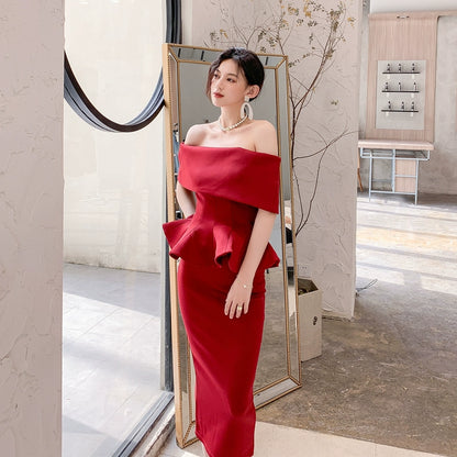 DOLLY High End Off Shoulder Peplum Tube Top Slim Fit Wedding Guest Dress-HANS