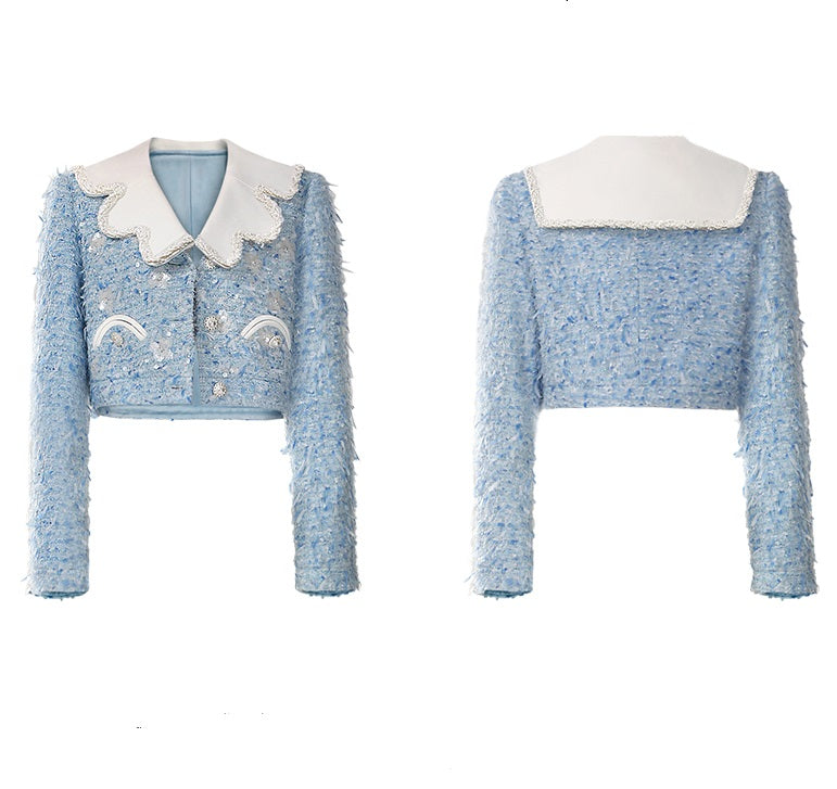 CHECOCRE Stylish Fashion Temperament Sleeve Small Fragrance Blue Jacket - INDIGO