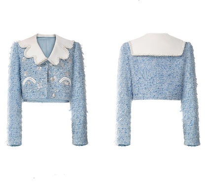 CHECOCRE Stylish Fashion Temperament Sleeve Small Fragrance Blue Jacket - INDIGO