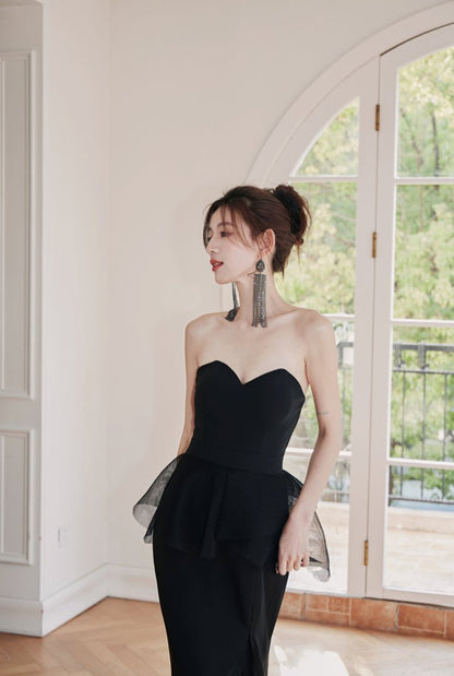 DOLLY Luxury Black Retro Chest Wrap Sleeveless Off Shoulder Long Dinner Dress-ALVINA