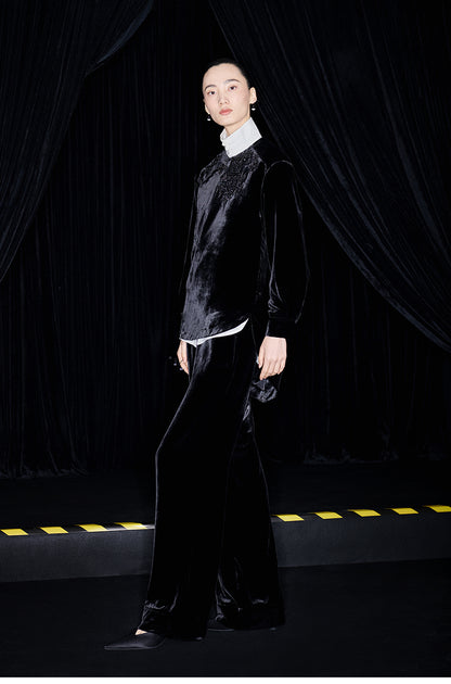 M essential Mackay designer Indian silk embroidered silhouette velvet top pant set- buck.