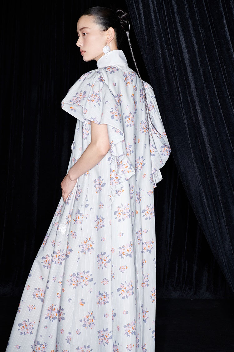 M essential Mackay designer Jinghe Printing floral nail bead puff sleeve dress - HAPPY.