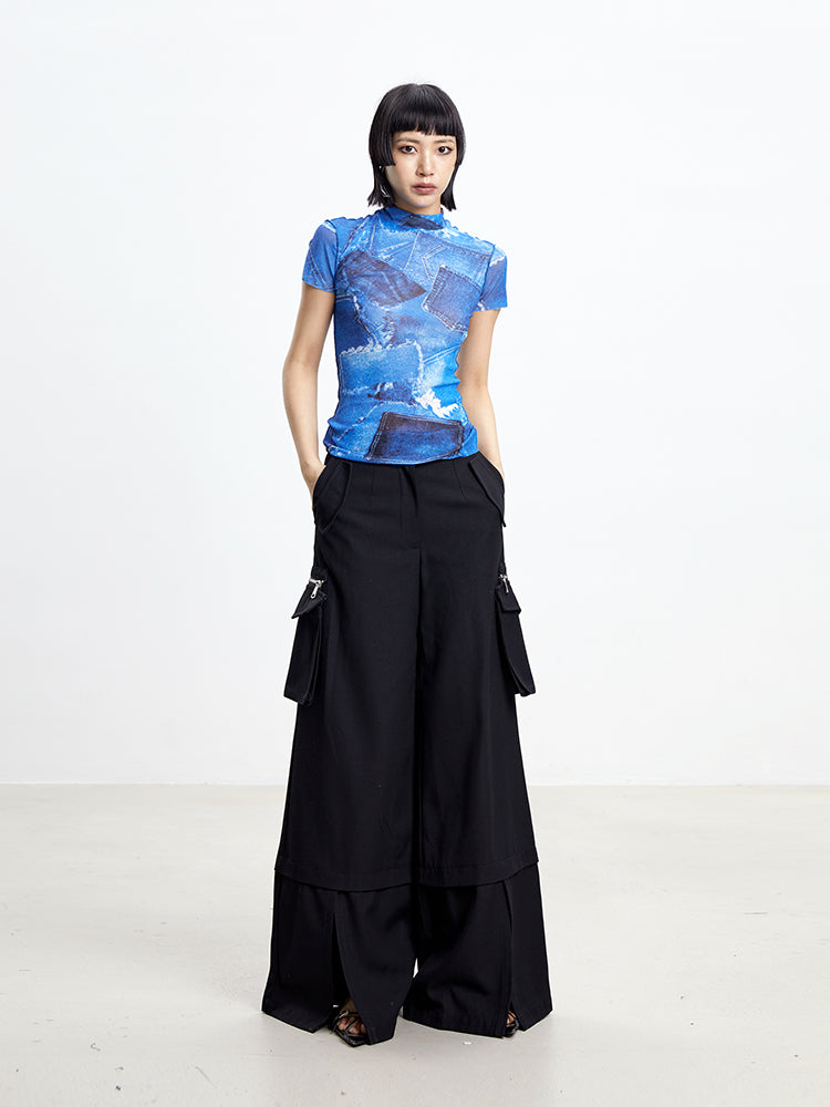 TINY IN denim print sun protection mesh long short sleeve t-shirt -IHU