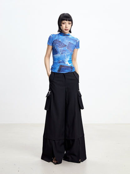 TINY IN denim print sun protection mesh long short sleeve t-shirt -IHU