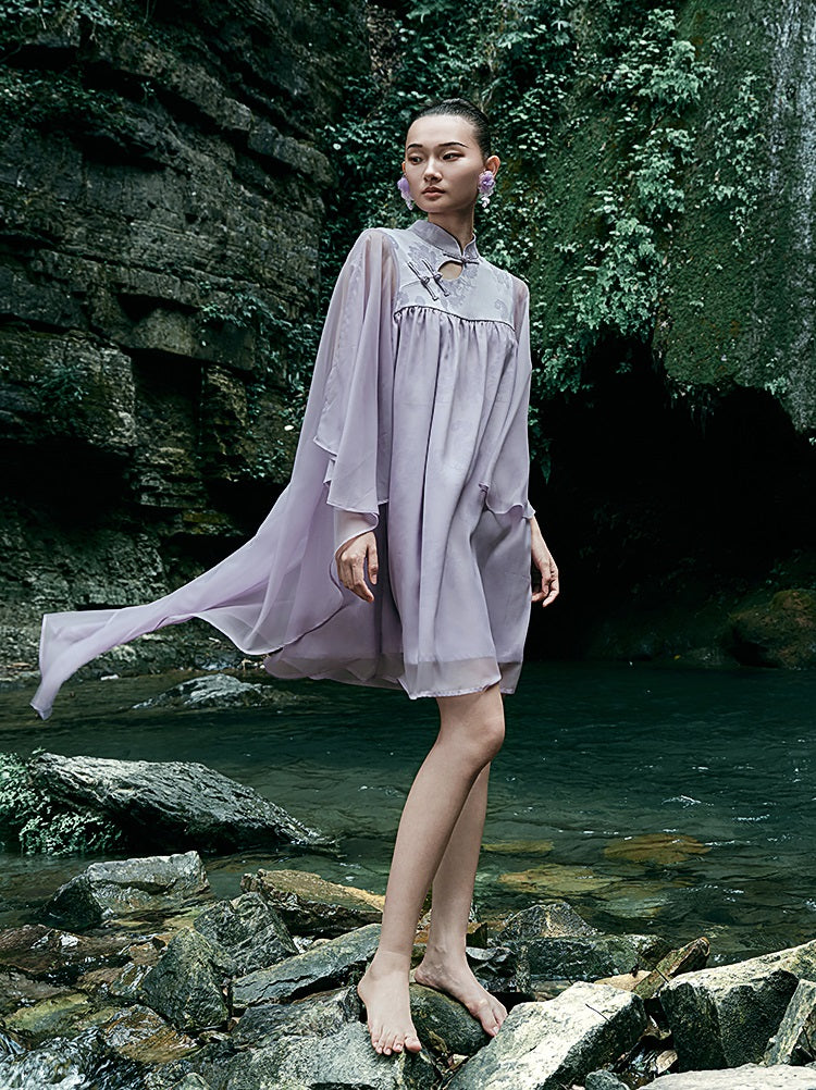 HECO [Feng Wu Clear Sleeves] New Chinese Standing Collar Buckle Flowing Dress- CLOAK.