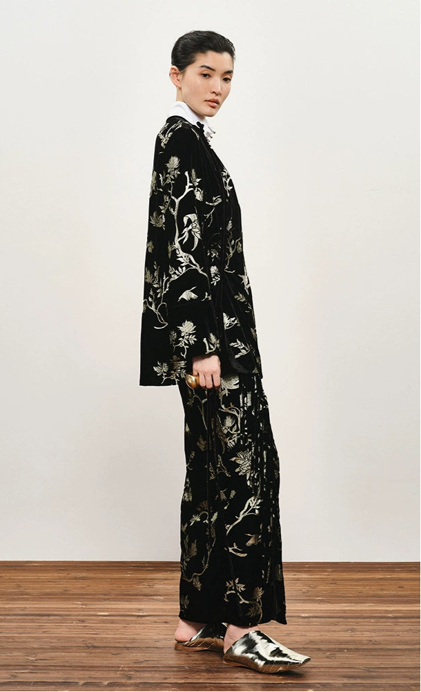 ZHUCHONGYUN black suede floral embroidery long sleeves shirt top-GILT.