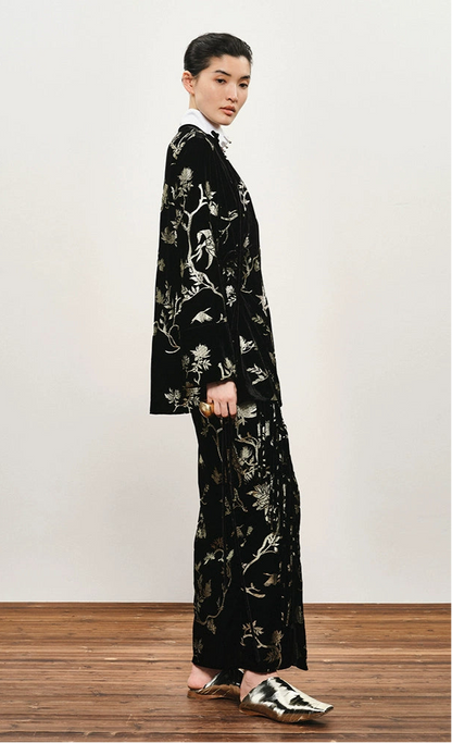ZHUCHONGYUN black suede floral embroidery long sleeves shirt top-GILT.