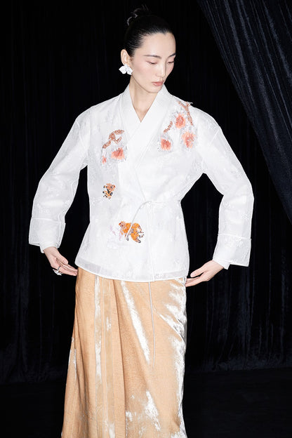 M essential Mackay designer label Quiet lace dahlia Thai lion goldfish studded Kimono Top - NICE.