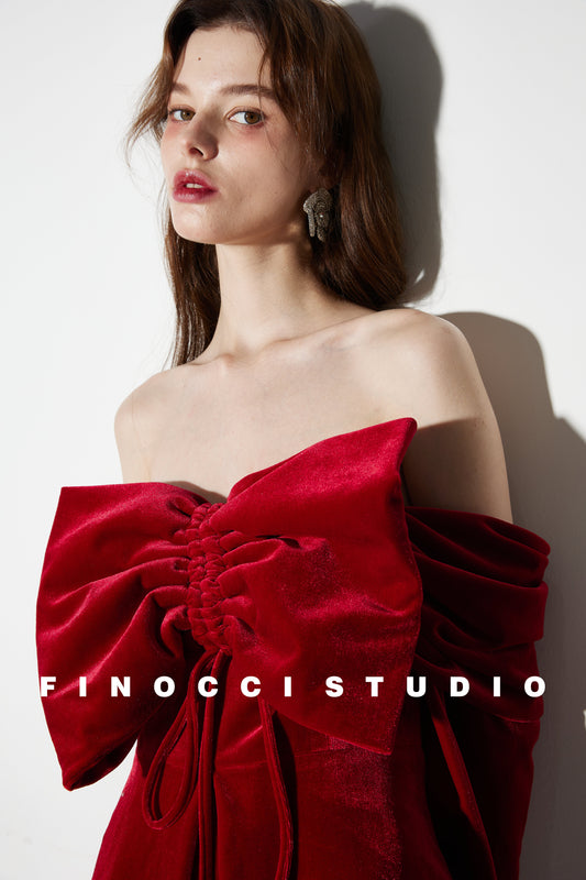 Red Velvet large Bow Off Shoulder Short holiday party Dress - Macy