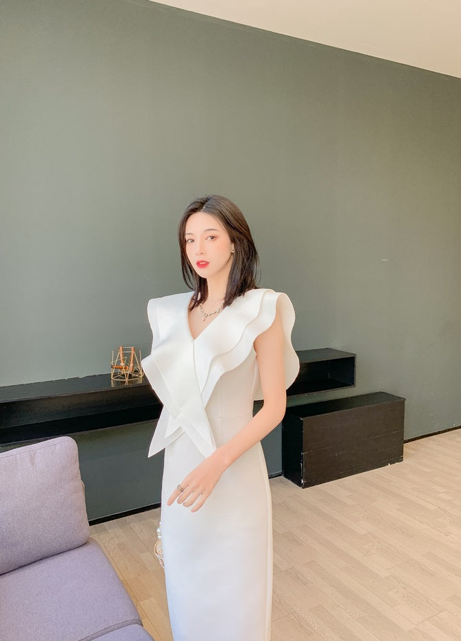 DOLLY Elegant White V-Neck Flying Ruffle Sleeve Slim Fit Long Goddess Dress-CLAUDIA