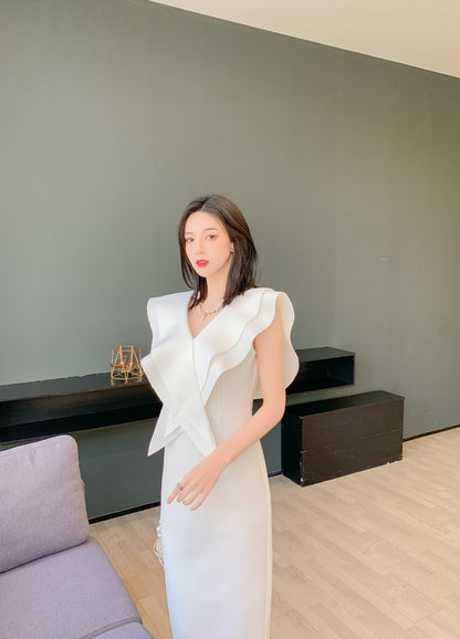 DOLLY Elegant White V-Neck Flying Ruffle Sleeve Slim Fit Long Goddess Dress-CLAUDIA