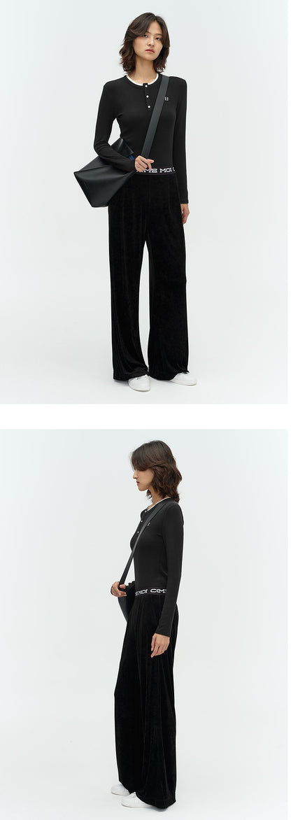 COMME MOI Lu Yan designer new women's velvet acetate logo wide-leg pants - FEEL.