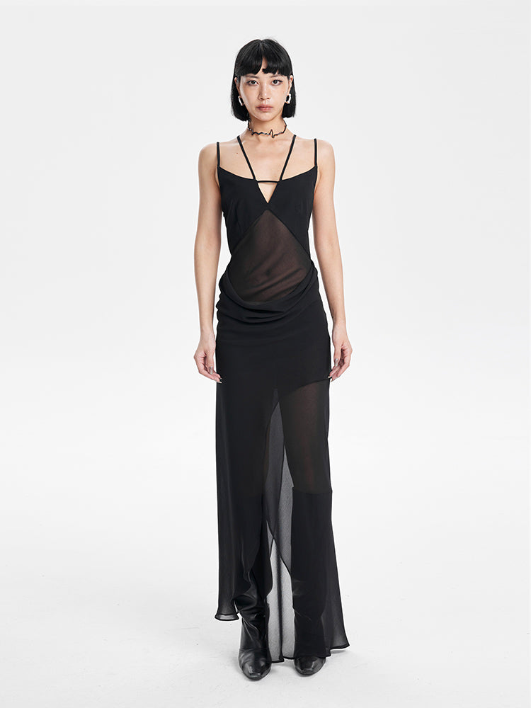 TINY IN Black irregular panelled slip cut-out backless maxi dress -AKIRA