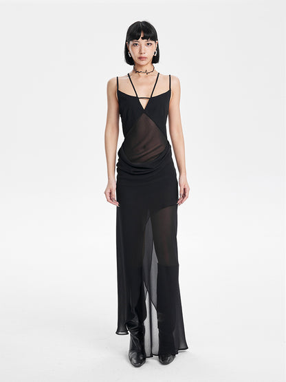 TINY IN Black irregular panelled slip cut-out backless maxi dress -AKIRA