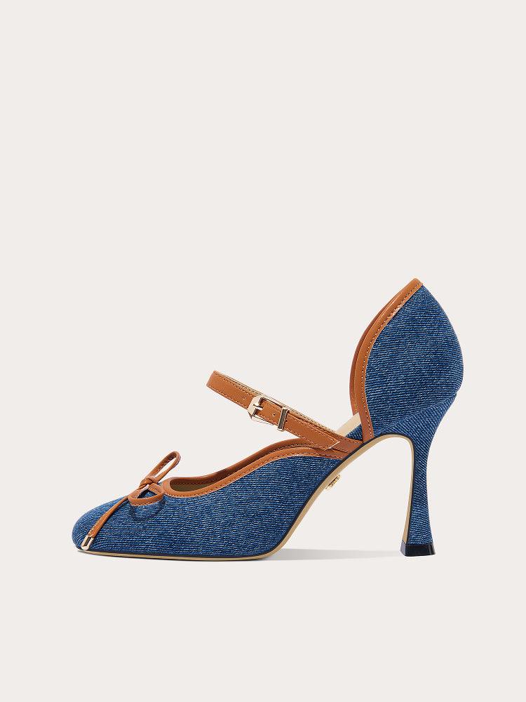 Lily Wei [Denim Style] French Blue Straight Bow Heels, Hollow Sandals- CAMILLE