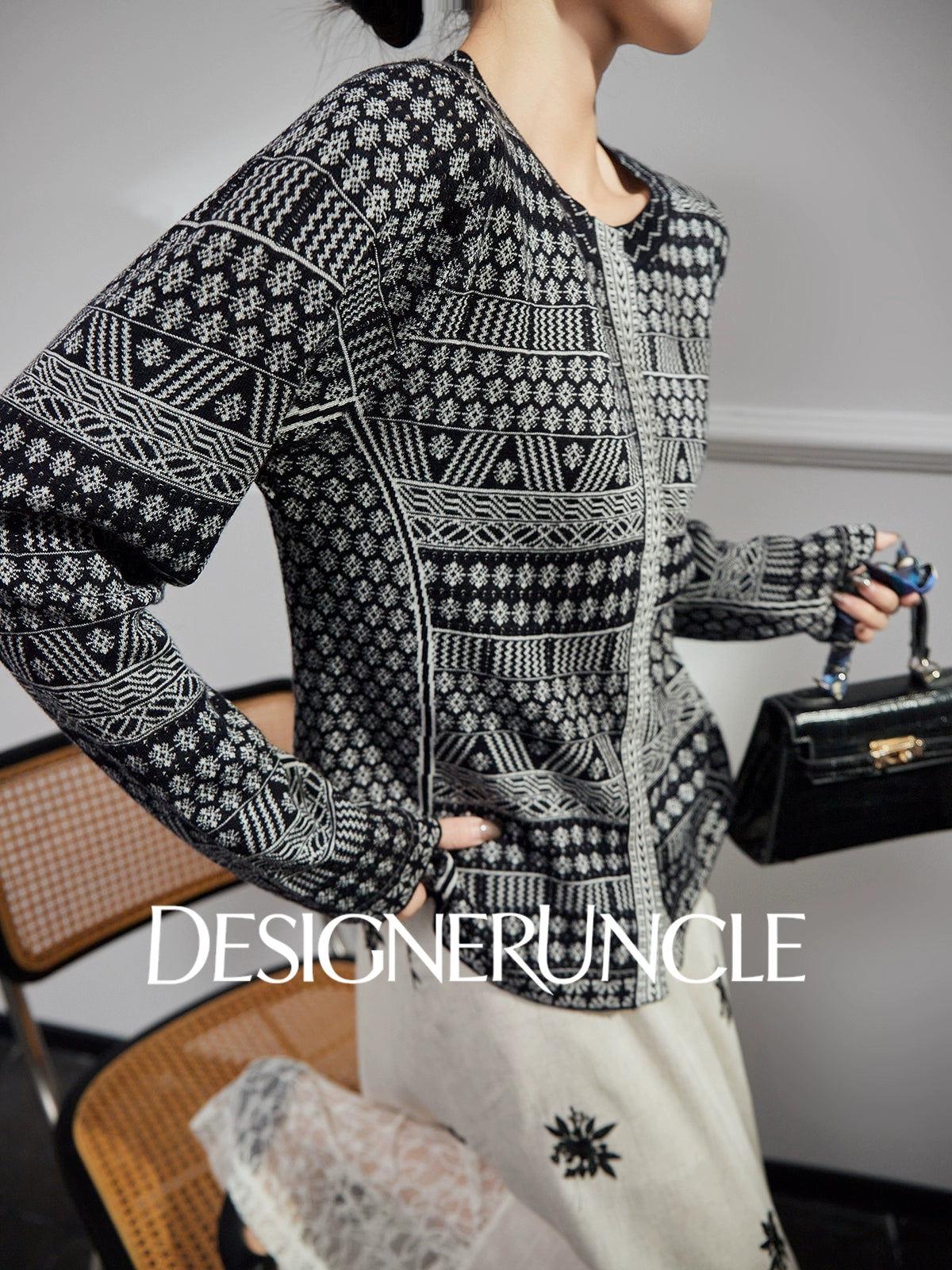 DGU| Black sweater geometric jacquard niche design jacket knitted top - JUGALAR.