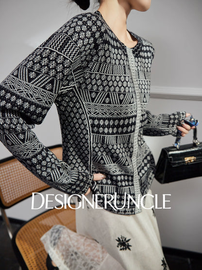 DGU| Black sweater geometric jacquard niche design jacket knitted top - JUGALAR.