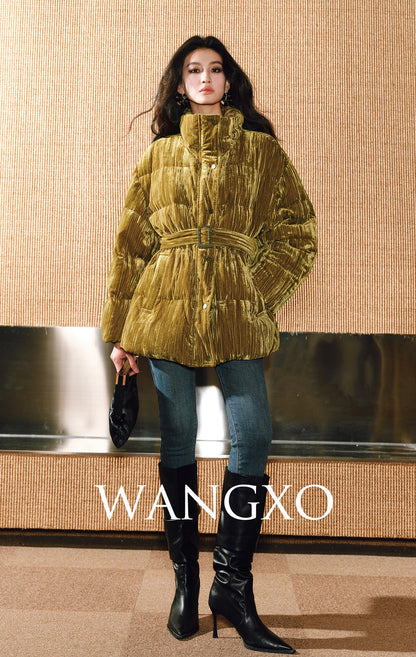 WANGXO |Pleated Velvet Jacket with Stand-Up Collar and Belt-ESMA.
