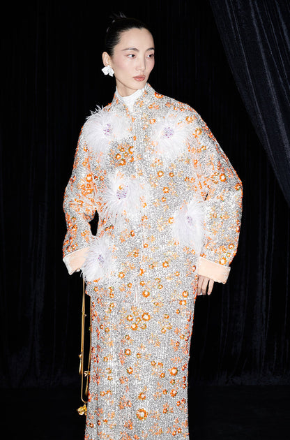 M essential Mackay designer vermilion embroidered fabric iris ostrich feather beaded jacket  FEA.