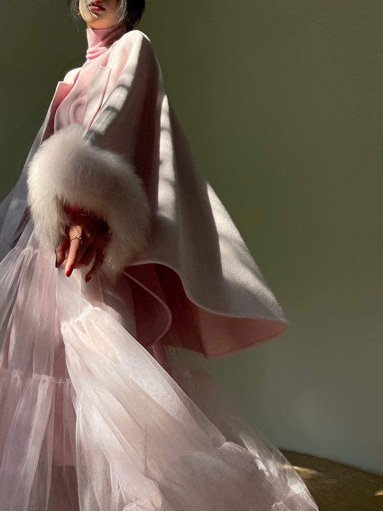 Aconiconi Winter pink wool cape fox fur sleeve double-sided coat-Sakura