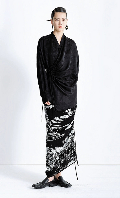 ZHUCHONGYUN Black wrap-style mulberry silk v-neck top-VANI.