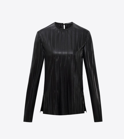 COMME MOI Lv Yan designer women's pin-pleated crewneck top commuter shirt - IVY.