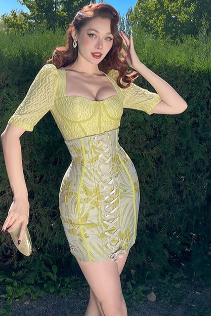 Le Palais Vintage Elegant Lemon Yellow Bodice Puff Sleeve Dinner Top-Maya.