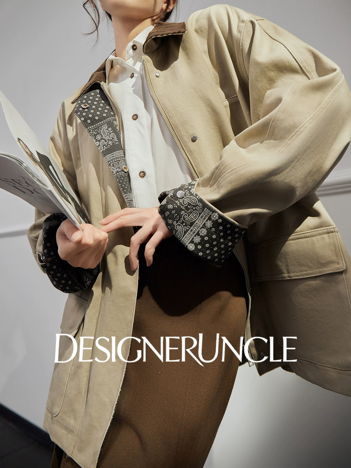 DGU "Mu Brown" retro khaki jacket retro loose slimming versatile top - Wilhelmina.