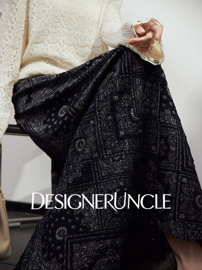 DGU|Dark Blue Printed Retro Lazy Style Design High-waisted A-Line Skirt - Antonio.