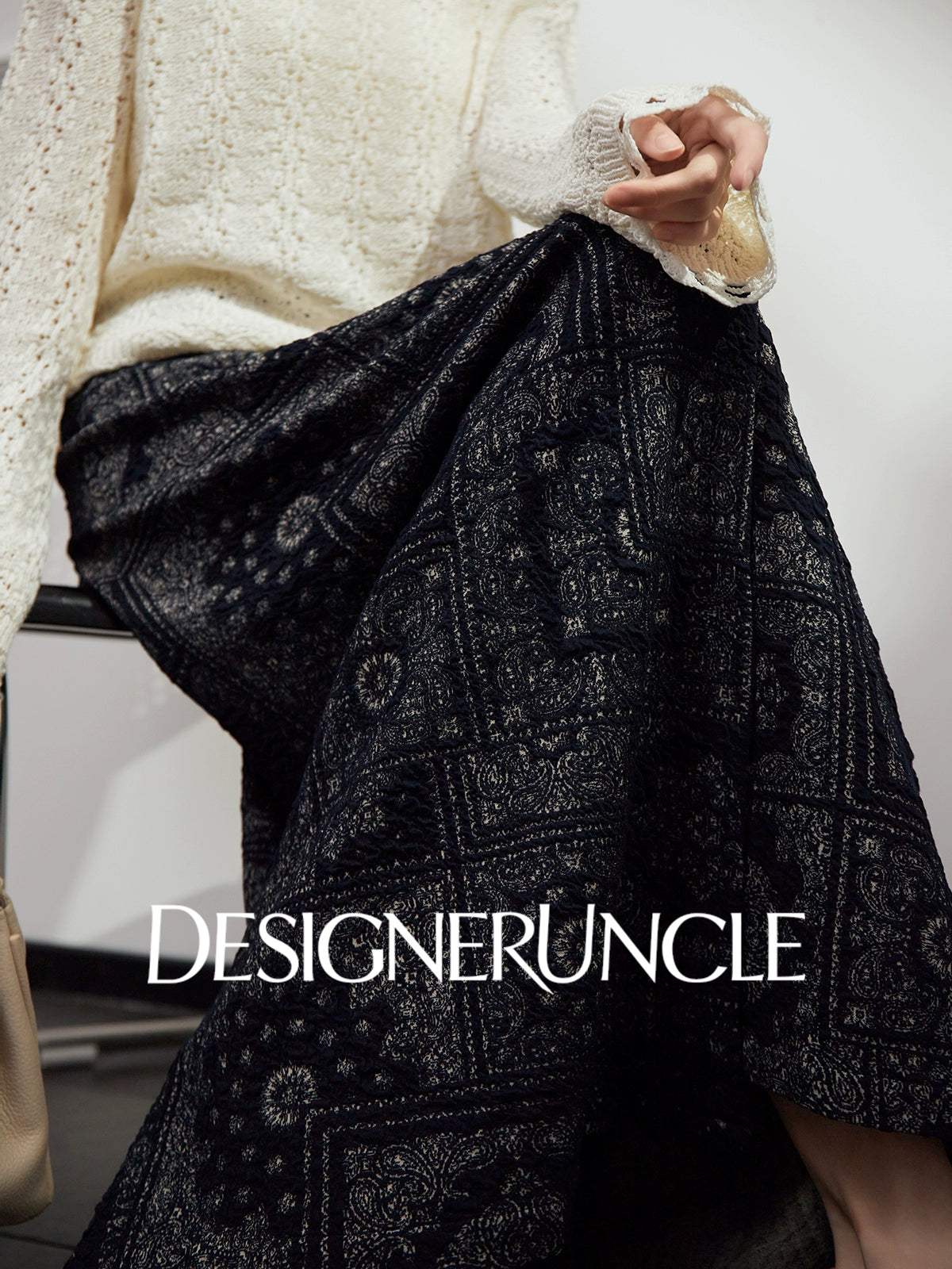 DGU|Dark Blue Printed Retro Lazy Style Design High-waisted A-Line Skirt - Antonio.