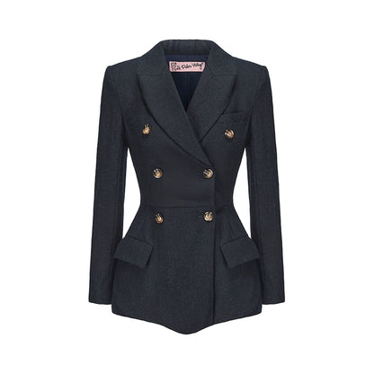 Le Palais Vintage Luxury Navy Blue Lapel Long Sleeve Suit + Long Slit Skirt-ZANE.