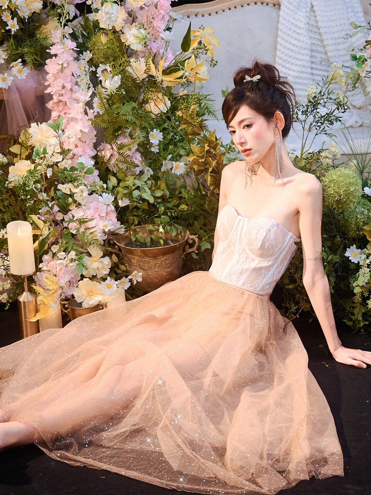 DOLLY Elegant Fake Two Piece Sleeveless Tube Top Sequin Long Dress-POLA