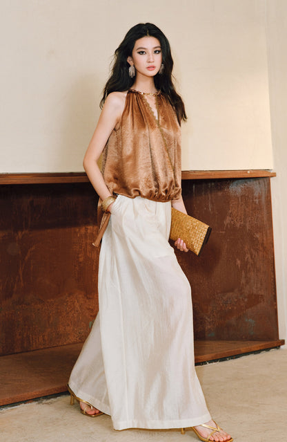 WANGXO| Acetate  Lace-Trimmed Metal Chain Halterneck V-Neck Pleated Top -AYRA.