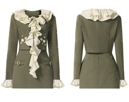 CHECOCRE Elegant Romantic Casual Ruffle Design Olive Green Mini Skirt Suit Set  - DANIEL
