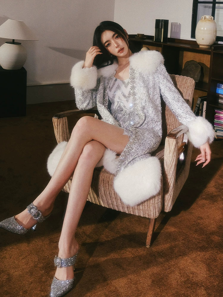 Wardrobes by Chen Elegant Diamond Silver-Gray Fur Collar Long Winter Jacket-Jam