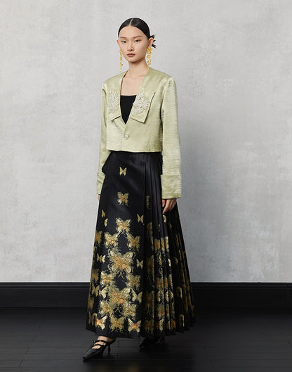 HECO Butterfly Hanfu High Waisted Pleated Long Skirt - rain.