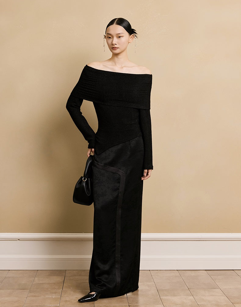 HECO stretch pleated off-the-shoulder long sleeve T-shirt - GRAD.